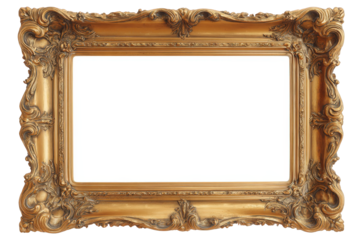 Ornate gold picture frame isolated on transparent background