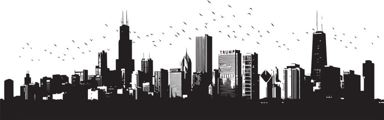 Detailed Silhouette of the Chicago Skyline with Birds Flying Over the Skyscrapers