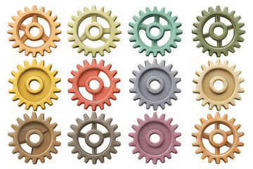 A collection of colorful plastic gears arranged in rows on a solid black background on transparent background