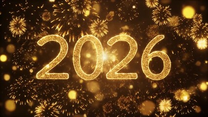 Golden 2026 text illuminated by vibrant fireworks display, symbolizing new year celebration and future aspirations - Powered by Adobe