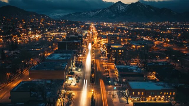 Nighttime aerial view of Provo Utah showcasing vibrant street lights and snow-covered surroundings, Aerial shot over Provo, Utah street at night
