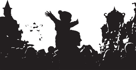 Heartwarming Silhouette of a Child Sitting on Father's Shoulders at a Public Event