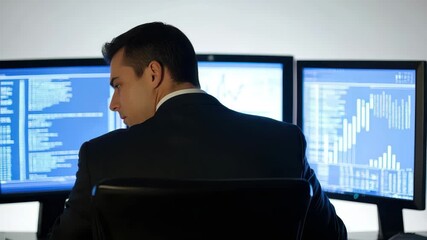 Businessman monitors data processing with multiple screens in a modern office setup, monitor data processing over caucasian businessman - Powered by Adobe