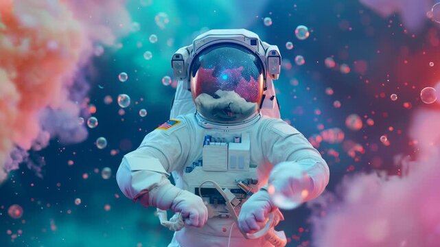 An astronaut floats amidst a vibrant cosmic nebula surrounded by bubbles reflecting the galaxy in their visor