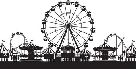 Silhouette of an Amusement Park with a Ferris Wheel, Roller Coaster, and Carousels