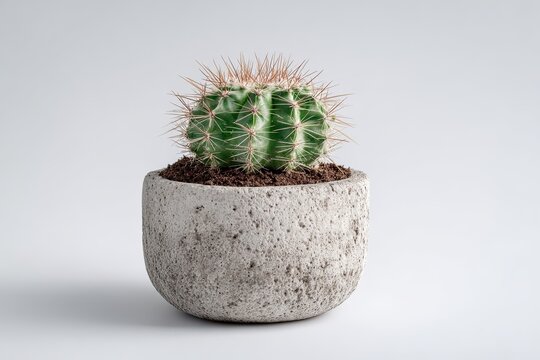 Cactus in Stone Pot: a vibrant green cactus with spiky spines nestled in a rustic stone pot, a testament to the serene beauty of the desert.