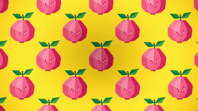 A seamless pattern of pink apples with green leaves on a bright yellow background, possibly used for design or decoration