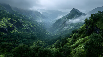 Lush green tropical mountains with dense vegetation and misty clouds hovering over a steep valley. Concept Lush tropical mountains with dense vegetation, Misty clouds hovering over a steep valley