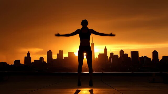 Silhouette Woman Doing Jumping Jack Exercises With City Skyline