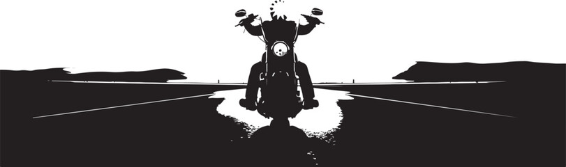 Silhouette of a Biker Riding a Motorcycle Down a Long Desert Highway Towards the Horizon