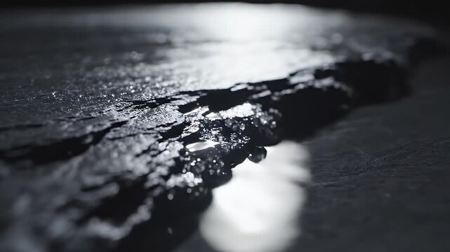 Black Stone Texture with Water - This macro shot captures a rough, uneven surface of black stone. Water glistens on the textured rock, reflecting light and creating highlights on the dark surface.