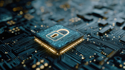 Cybersecurity Concept with Digital Padlock Icon on a Glowing Microchip CPU, Advanced Motherboard Circuitry Background for Data Protection, Network Privacy, Information Security and High Tech Privacy