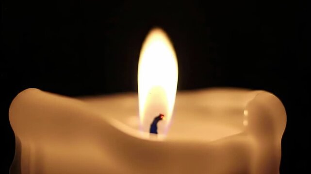 Close up view of a thick white candle burning with a bright flickering flame in the absolute darkness of night.