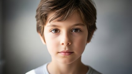 A young boy with brown hair and a neutral expression looks directly at the camera.