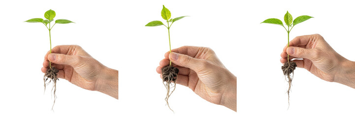 Set of Human Hands Holding Small Green Plant Seedlings with Roots and Soil in Various Positions Isolated on White Background Oil Paint PNG
