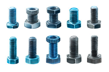 A collection of ten metallic bolts and screws in various shades of blue and silver displayed on a transparent background