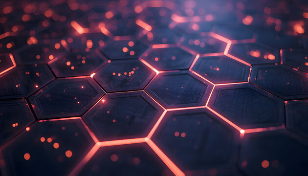 Futuristic 3D geometric hexagon grid with glowing red and orange light edges, dark metallic texture, digital technology and cybersecurity background.