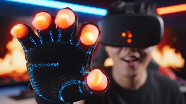 Man Interacts With Virtual Reality Using Gloves and Headset in Room