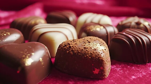 Assorted Heart-Shaped Chocolates on Red Velvet - A close-up view of assorted heart-shaped chocolates adorned with gold flakes and decorative patterns, elegantly arranged on a rich red velvet fabric.