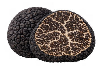 Black truffle showing dark brown peridium and marbling gleba, sliced for gourmet culinary use, transparent background