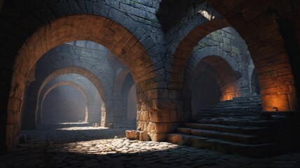 Fototapeta premium Exploration of an Ancient Castle Interior With Arches and a Moody Atmosphere During a Quiet Moment in the Evening