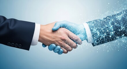 Human and AI hands shaking symbolizing partnership and future technology.