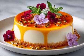 Delicious dessert with passion fruit sauce and edible flowers on a plate