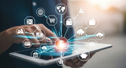 Person interacting with digital network on tablet with financial and business icons.