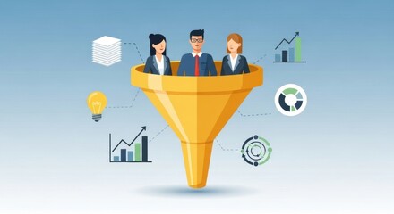 Business professionals in a sales funnel illustration with icons for analytics, growth, and ideas.