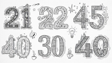 Set of Decorative Doodle Numbers with Whimsical Patterns and Elements in Black and White Line Art, Isolated White Background.