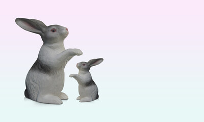 side view, two rabbits big and small rabbits raised their front legs and stood up.  left side on gradient pink and white background, decor, animal, object, decoration, copy space