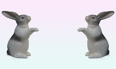 side view, two rabbits raised their front legs and stood up.  left side right side on gradient pink and white background, decor, animal, object, copy space