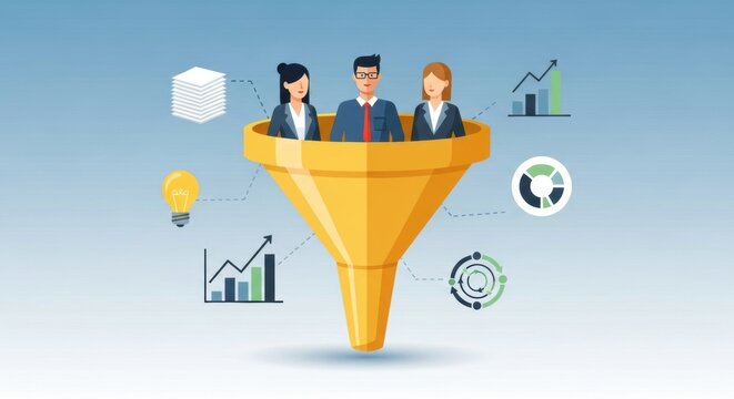 Business professionals in a sales funnel illustration with icons for analytics, growth, and ideas. - Powered by Adobe