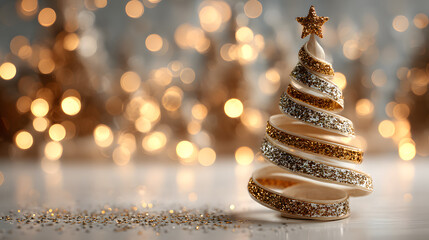 Fototapeta premium Golden glitter ribbon christmas tree standing on white background with sparkling bokeh lights, celebration concept holiday