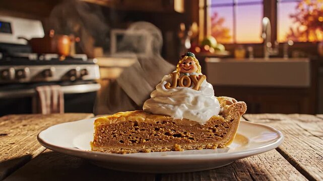 A slice of pumpkin pie with whipped cream on a plate on a wooden table in a kitchen during sunset