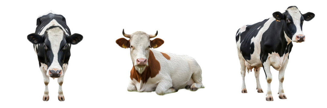 Set of Cows Including Black and White and Brown and White Cows in Various Poses Isolated on White Background Oil Paint PNG
