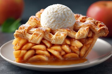 Freshly baked apple pie served with vanilla ice cream on a simple plate