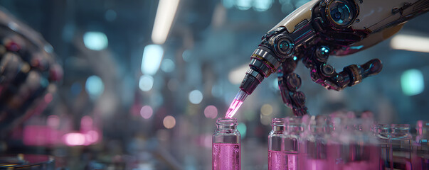 Advanced robotic arm pipettes liquid in futuristic neon science lab. Automation enhances medical research in biotechnology. Futuristic equipment works with test tubes and samples.