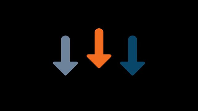Animated colored down arrows on transparent background with alpha channel, smooth looping motion graphic for download and direction concept, flat arrow animation for interface cues, navigation prompts