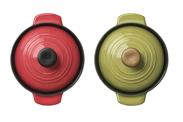 Two colorful pot lids with handles on transparent background