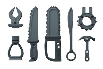 A collection of gray metal weapons and tools on transparent background