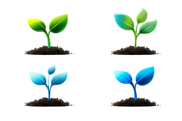 Four colorful plant saplings with green and blue leaves growing out of brown soil on a black background on transparent background