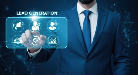 Businessman interacting with a digital interface displaying lead generation icons and data visualization.