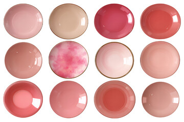 A collection of twelve pink ceramic plates in various shades arranged in four rows on transparent background