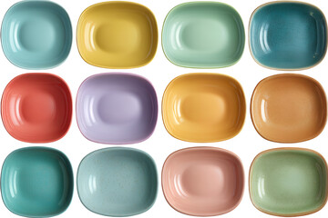 A collection of colorful ceramic plates arranged in rows on a transparent background