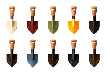 A collection of ten garden shovels with different colored blades and wooden handles on transparent background