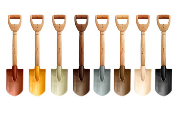 A row of nine shovels with different colored metal heads and wooden handles on transparent background