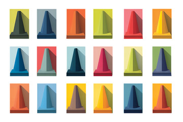A collection of 20 colorful 3D traffic cones on transparent background