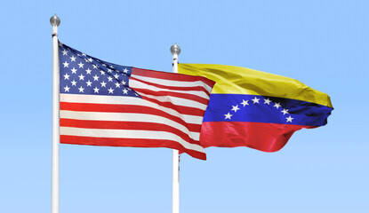 Flag USA and Venezuela isolated on sky background