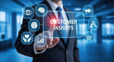 Businessman interacting with a customer insights interface, displaying analytics and strategy icons.